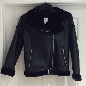 Gap Kids Fur Lined Black Faux Moto Jacket - XL